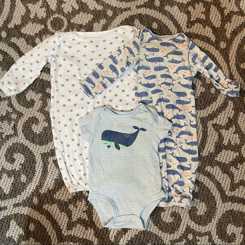 2 Sleep Sacks, Whale Onesie, newborn - 3 month